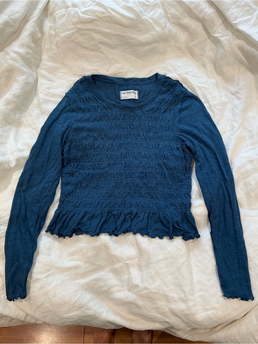 Free People Deep Blue Smocked Ruffle Long Sleeve Top